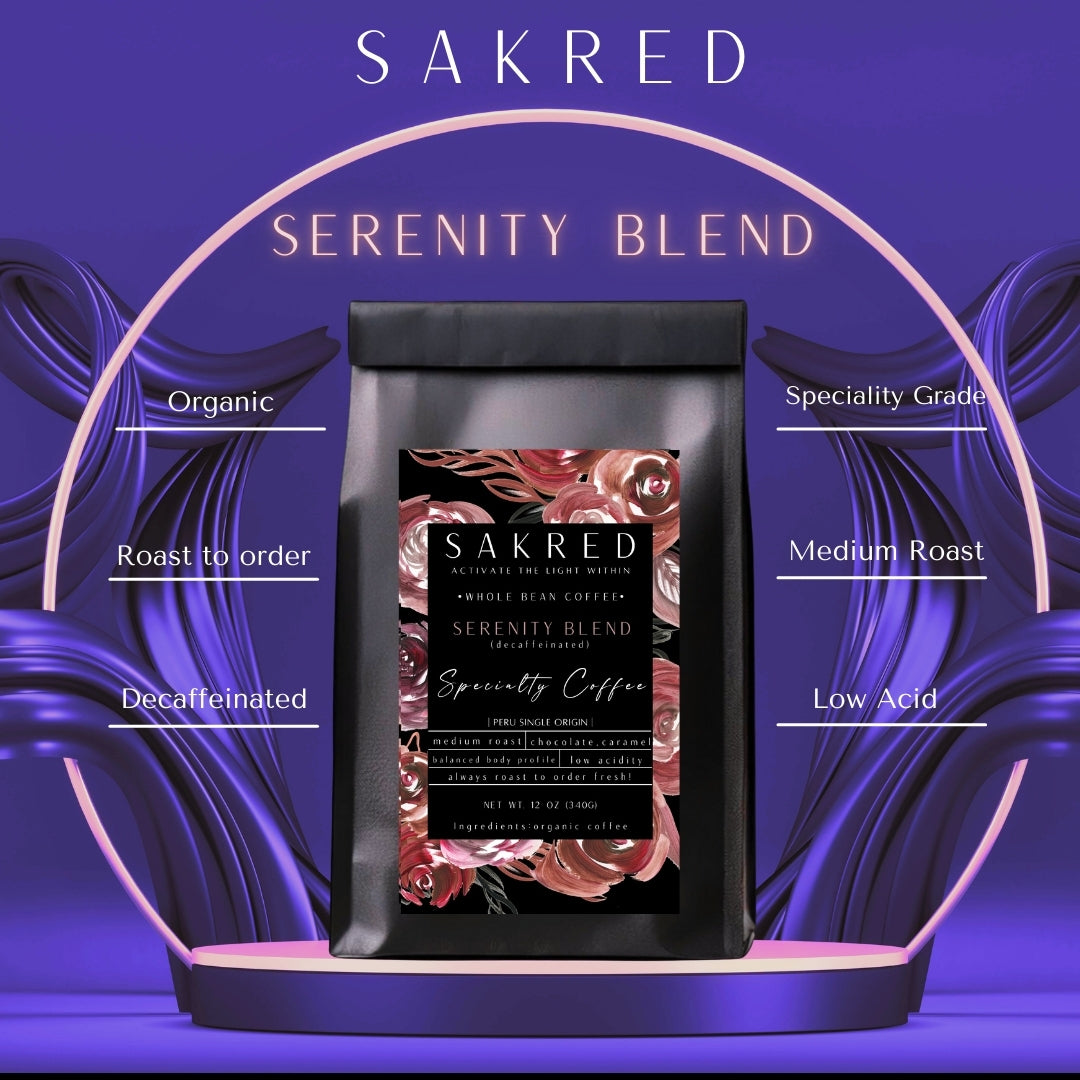 SERENITY BLEND - ORGANIC WHOLE BEAN DECAFFEINATED SINGLE ORIGIN LOW ACIDITY PERUVIAN COFFEE