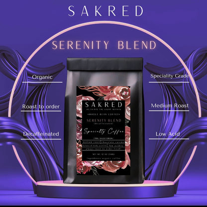 SERENITY BLEND - ORGANIC WHOLE BEAN DECAFFEINATED SINGLE ORIGIN LOW ACIDITY PERUVIAN COFFEE